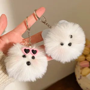 Pluche witte hond sleutelhanger set met roze hart zonnebril en metalen ring hanger