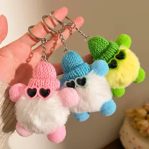 Porte-clés peluche avec bonnet et lunettes en rose, bleu et vert pastel