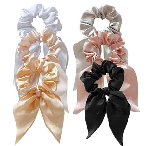 Five-color satin silk scrunchies set with long ribbons in white, pink, grey and black