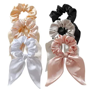 Silk satin bow scrunchies set in various colors with long ribbon streamers for women