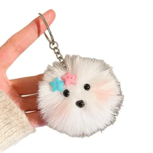 Schattige witte pluche puppy sleutelhanger met ster knoppen en zilveren metalen ring