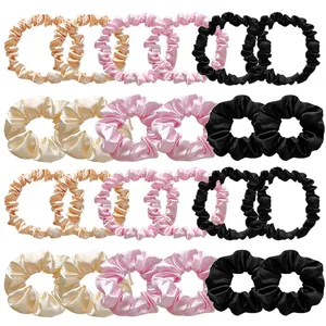 Satin Pleated Scrunchies For Women High Elasticity Solid Color Black Pink Champagne Handmade Silk Like Fabric Hair Ties