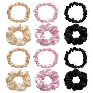 12-piece satin scrunchies set in champagne, pink, and black colors for ponytails