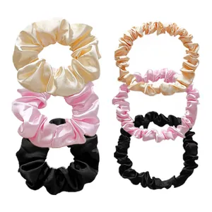 Set of six satin scrunchies in beige pink and black with thick and thin styles