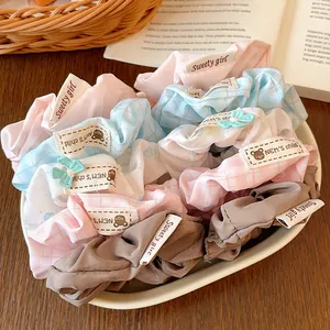 Sweet Bow Striped Checkered Floral Scrunchies For Women Girls Polyester Hair Ties With Cloth Label Cute Bear Pattern Hair Accessories