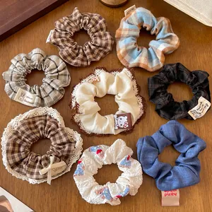 Vintage Plaid Cloth Scrunchies With Lace Edge Bow Cute Cartoon Bear Rabbit Elastic Hair Ties Handmade Hair Accessories For Women