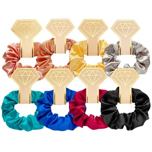 Set van 8 satijnen haarelastiekjes met diamant-kaartverpakking in diverse felle kleuren