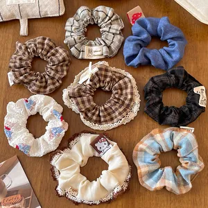 8-piece lace checkered hair scrunchie set with cute bear and cartoon decor
