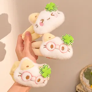 Three plush cat scrunchies with lucky clover and cute embroidered glasses