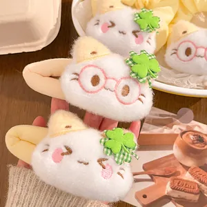 Cute white plush kitten hair clips set with green clover embroidery and soft texture