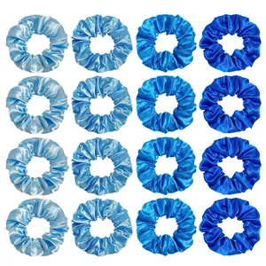 Close-up of 16-piece blue gradient satin hair scrunchies set with smooth silk texture