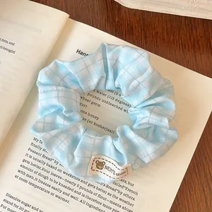Detail shot of light blue checkered scrunchie with a bear tag on an open book