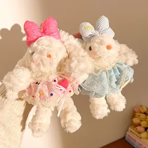 Pendentifs lapins en peluche avec nœuds en dentelle et perles en rose et bleu