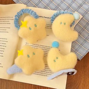 Mignonnes Barrettes Et Chouchous En Peluche Jaune Étoile Lune Broderie Dessin Animé Kawaii Accessoires Cheveux Pour Femmes Filles