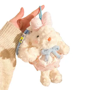 Porte-clés lapin en peluche blanc avec nœud rose et robe bleue pour sac à main