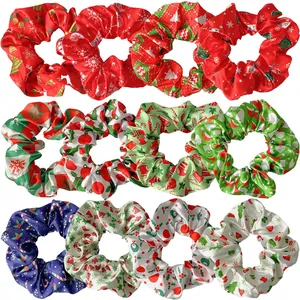 Christmas Satin Scrunchie Holiday Hair Tie For Women Girls Elastic Hair Band With Santa Snowflake Reindeer Tree Printed Accessory