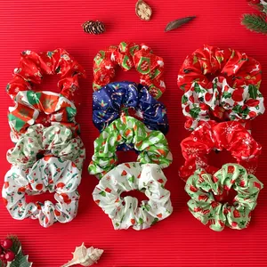 10-piece Christmas satin scrunchie set with festive Santa and snowflake patterns