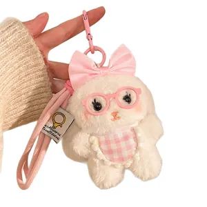 Cute cream plush lop-eared bunny keychain with pink bow and glasses accessories