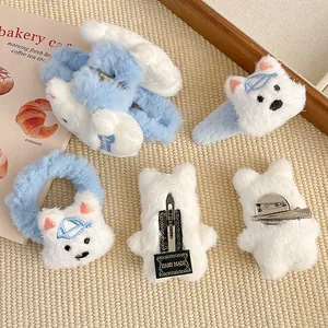Cute white Westie plush hair claw clip and accessory set for girls with blue accents