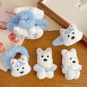 Cute Westie plush hair claw clip and fluffy bear scrunchie set in blue and white