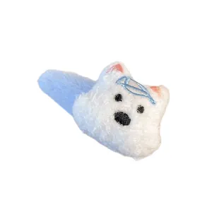 Cute white cartoon plush hair clip made of soft fleece with blue embroidery detail