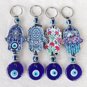 Hamsa Hand Evil Eye Keychain Turkish Nazar Glass Bead Lucky Amulet Mandala Floral Plate Bag Car Hanging Ornament For Women Men