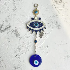 Blue Turkish Evil Eye wall hanging ornament with Hamsa Hand and glass bead charms