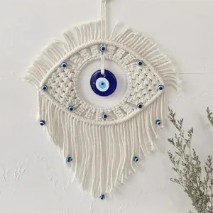 Handmade Macrame Evil Eye Wall Hanging Bohemian Cotton Rope Tapestry Tassel Hanging Decoration For Living Room Bedroom Office Home Decor