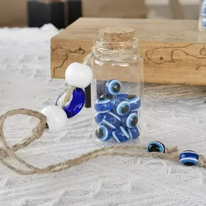 Turkish Evil Eye glass bottle hanging ornament with blue beads and cork for home decor