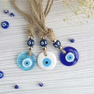 Blue Turkish evil eye wall hanging decor with jute rope and silver beads, 3-piece set