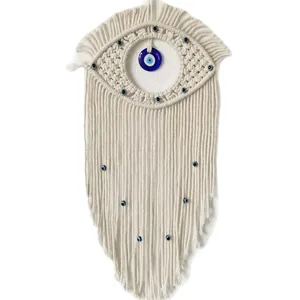 Handmade Macrame Evil Eye Wall Hanging with Turkish Blue Beads in Boho Style Decor