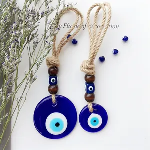 Handmade Turkish Evil Eye Glass Wall Hanging Ornament Blue Nazar Bead Wood Decor Protection Amulet Home Car Charm Gift