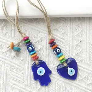 Evil Eye Hanging Ornament Blue Glass Heart Hamsa Hand Nazar Amulet With Multicolor Wood Beads Hemp Rope For Car Home Wall Decor