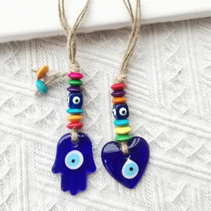 Hamsa Hand and Heart Evil Eye hanging ornaments with colorful beads and hemp rope