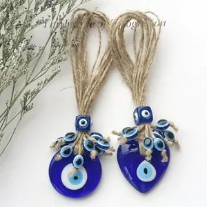 Decorazione da Parete Turca Malocchio Fatta a Mano in Vetro Blu a Cuore Tondo Amuleto Con Corda di Canapa per Casa Auto