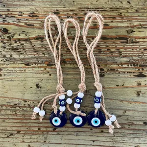 Handmade Woven Turkish Evil Eye Wall Hanging Ornament Nazar Blue Eye Glass Charm For Home Decor Car Bag Accessory Blue White
