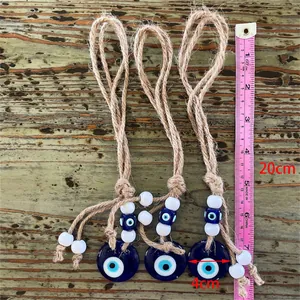Set of 3 handmade blue glass Evil Eye charms with jute rope for home or car decor