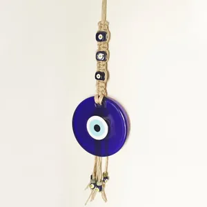 Decorazione da parete malocchio turco in vetro con corda intrecciata a mano e nappe blu