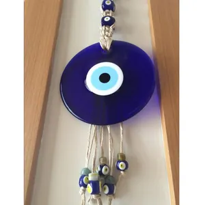 Decorazione da parete malocchio in vetro blu con corda di canapa e perline nazar