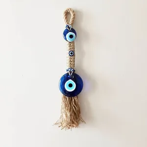 Turkish Evil Eye Blue Glass Wall Hanging Ornament Hand-Woven Hemp Rope Tassel Nazar Amulet For Home Living Room Bedroom Decoration