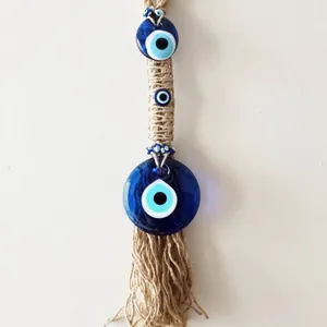 Turkish Nazar blue evil eye glass wall hanging with jute rope and handmade tassels