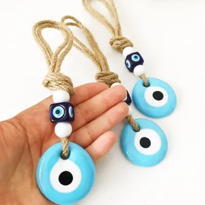 Set di tre decorazioni da parete turche Evil Eye con perle di vetro e corda di canapa
