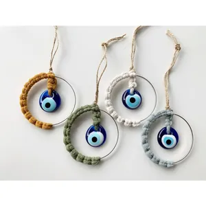 Handwoven evil eye wall hangings with colorful cotton ropes and metal rings set of 4