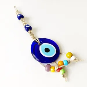 Türkisches blaues Glas Auge Wandbehang mit handgefertigtem Hanfseil und bunten Perlen