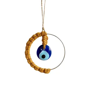Handmade Macrame Evil Eye Hanging Ornament with Yellow Cotton Thread and Glass Bead