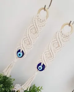 Bohemian Macrame Evil Eye Wall Hanging Handwoven Cotton Thread With Wood Ring Glass Bead Tassel Home Decor Hanging Pendant