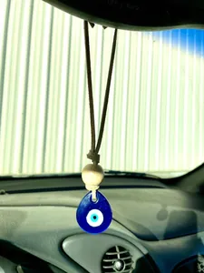 Evil eye rearview mirror hanging accessory with wood bead and leather cord