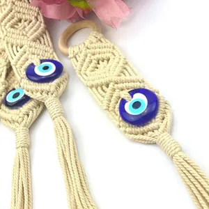 Boho handmade macrame wall hanging with evil eye beads and long cotton tassels set