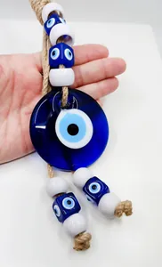 Decorazione Murale in Vetro Malocchio Fatto a Mano Nazar Amuleto Ornamento con Corda di Canapa per Protezione Blu Bianco