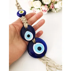 Decorazione da Parete Turca Malocchio Fatta a Mano in Vetro Blu Nazar con Corda di Canapa e Nappa Macramè per Casa Auto Ufficio
